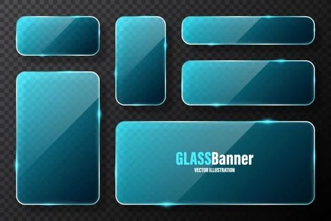 Realistic glass frames collection. Blue transparent glass banners with flares Stock Illustration