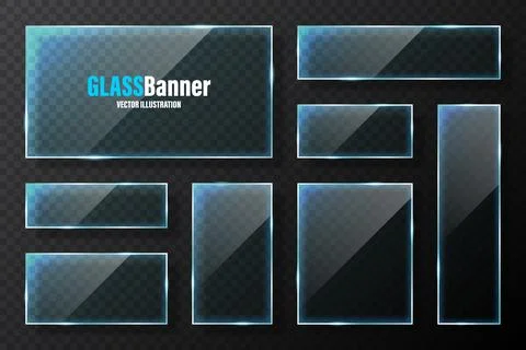 Realistic glass frames collection. Blue transparent glass banners with flares 스톡 일러스트