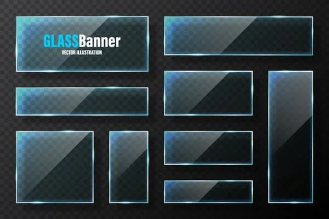 Realistic glass frames collection. Blue transparent glass banners with flares Stock Illustration