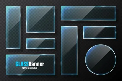 Realistic glass frames collection. Blue transparent glass banners with flares Stock Illustration
