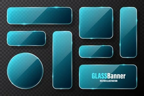 Realistic glass frames collection. Blue transparent glass banners with flares Stock Illustration