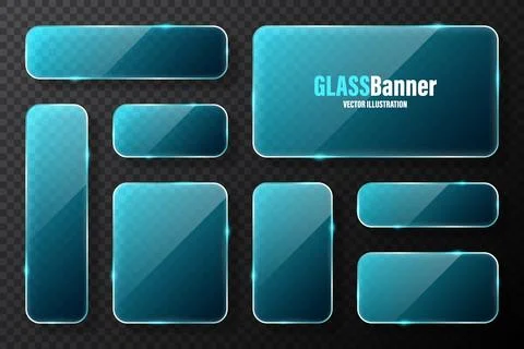 Realistic glass frames collection. Blue transparent glass banners with flares Illustrazione stock