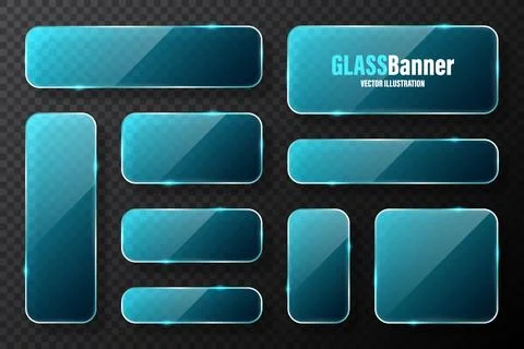 Realistic glass frames collection. Blue transparent glass banners with flares Illustrazione stock