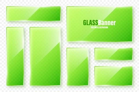 Realistic glass frames collection. Green transparent glass banners with flares Stock Illustration