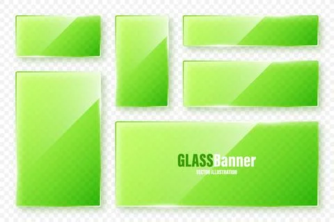 Realistic glass frames collection. Green transparent glass banners with flares Stock Illustration
