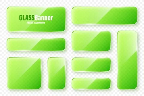 Realistic glass frames collection. Green transparent glass banners with flares Illustrazione stock