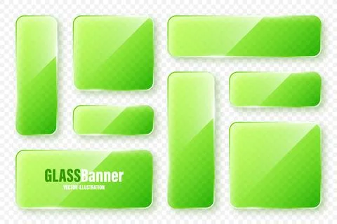 Realistic glass frames collection. Green transparent glass banners with flares Illustrazione stock