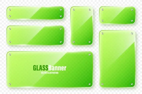Realistic glass frames collection. Green transparent glass banners with flares Illustrazione stock