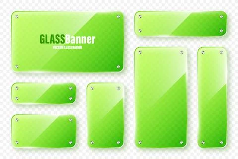 Realistic glass frames collection. Green transparent glass banners with flares Stock Illustration