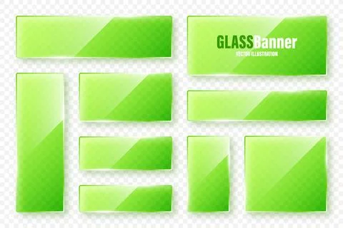 Realistic glass frames collection. Green transparent glass banners with flares Illustrazione stock