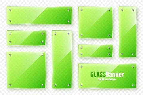 Realistic glass frames collection. Green transparent glass banners with flares Stock Illustration