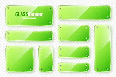 Realistic glass frames collection. Green transparent glass banners with flares 스톡 일러스트