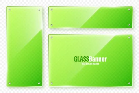 Realistic glass frames collection. Green transparent glass banners with flares Illustrazione stock
