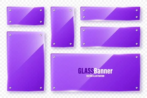 Realistic glass frames collection. Violet transparent glass banners with flares 스톡 일러스트