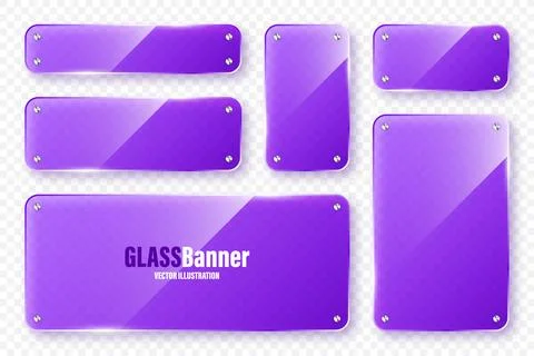 Realistic glass frames collection. Violet transparent glass banners with flares Stock Illustration