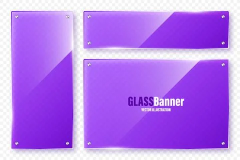 Realistic glass frames collection. Violet transparent glass banners with flares Stock Illustration