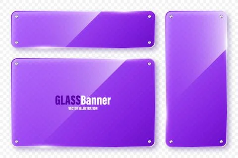 Realistic glass frames collection. Violet transparent glass banners with flares 스톡 일러스트