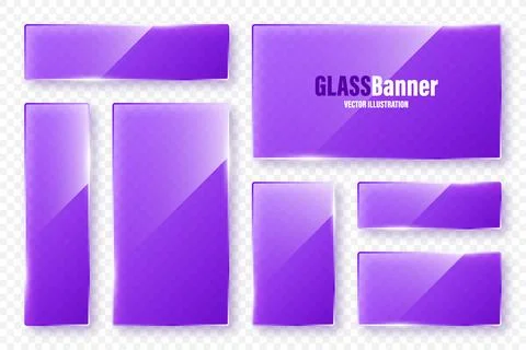 Realistic glass frames collection. Violet transparent glass banners with flares Stock Illustration