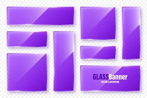 Realistic glass frames collection. Violet transparent glass banners with flares Stock Illustration