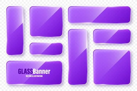 Realistic glass frames collection. Violet transparent glass banners with flares Stock Illustration