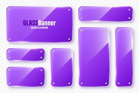 Realistic glass frames collection. Violet transparent glass banners with flares Illustrazione stock