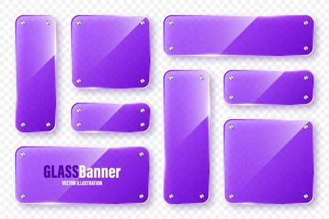 Realistic glass frames collection. Violet transparent glass banners with flares Stock Illustration