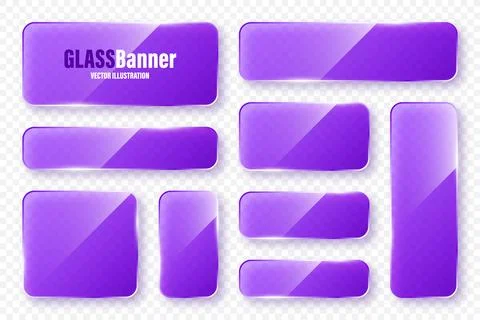 Realistic glass frames collection. Violet transparent glass banners with flares Stock Illustration