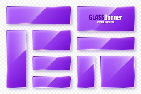 Realistic glass frames collection. Violet transparent glass banners with flares Stock Illustration