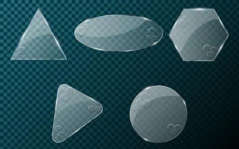 Realistic glass objects on a blue, transparent background. A set of blank ban Иллюстрация