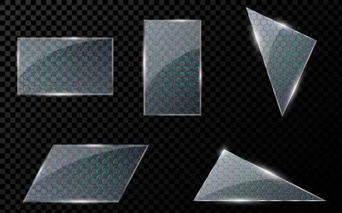 Realistic glass objects with a cyber pattern of luminous honeycombs in blue. Stock Illustration