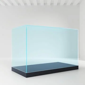 Realistic glass square showcase. Empty glass box in room. 3d illustration Illustrazione stock