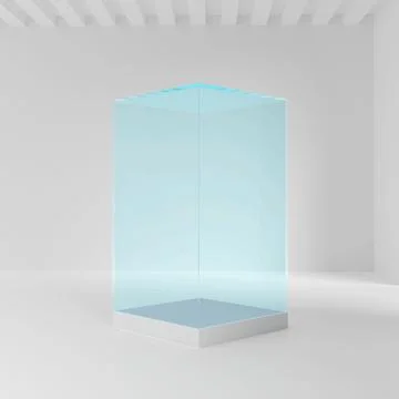 Realistic glass square showcase. Empty glass box in room. 3d illustration Stock Illustration