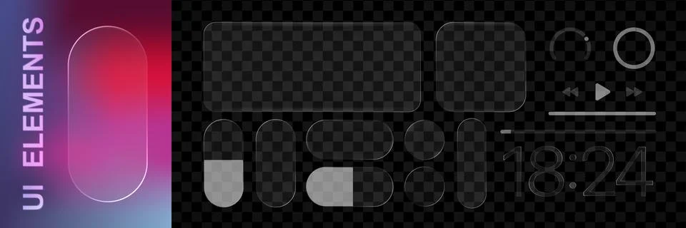 Realistic glassmorphism style basic IU mockup elements isolated on transparent Stock Illustration