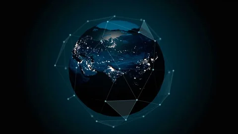 A realistic globe at night. Rotating Earth with beautiful plexus. Technology Stock Footage 76350338