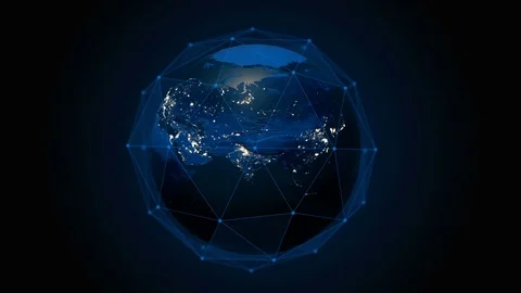 A realistic globe at night. Rotating Earth with beautiful plexus. Technology Stock Footage 76354477