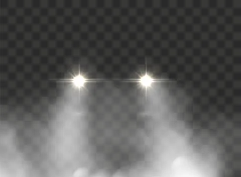 Realistic glowing car headlight shining through night fog isolated on dark Stock Illustration