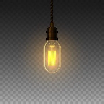 Realistic glowing lamp hanging on the wire. Incandescent lamp. Vector Stock Illustration