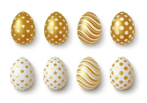 Realistic Gold and white easter eggs with geometric ornaments. Vector Stock Illustration