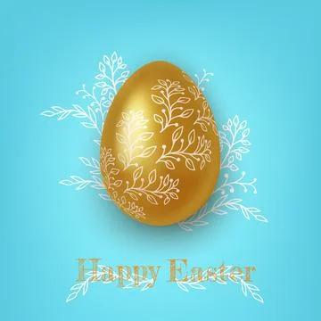 Realistic Gold and white easter eggs with flower ornaments on blue background Stock Illustration