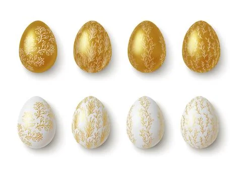 Realistic Gold and white easter eggs with flower ornaments. Vector Stock Illustration