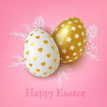Realistic Gold and white easter eggs with heart and stars ornaments on pink Stock Illustration