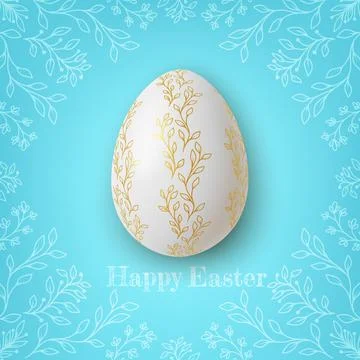 Realistic Gold and white easter eggs with flower ornaments on blue background Stock Illustration