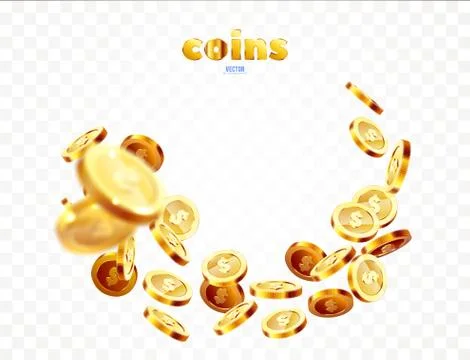 Realistic Gold coins explosion. Isolated on transparent background. Stock Illustration