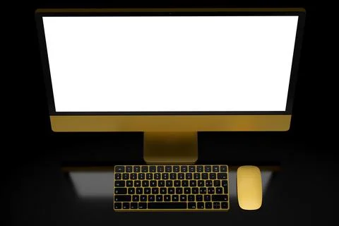 Realistic gold computer screen display with keyboard and mouse isolated on bl イラスト素材