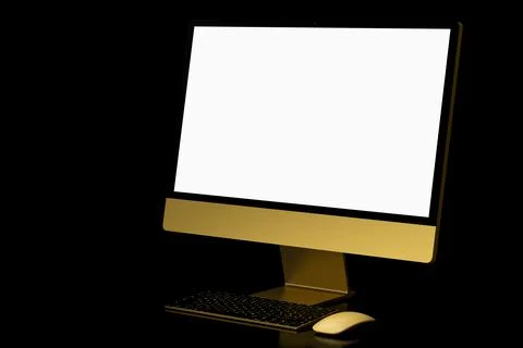 Realistic gold computer screen display with keyboard and mouse isolated on bl Stock Illustration