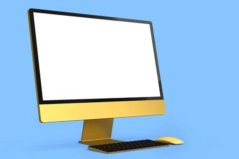 Realistic gold computer screen display with keyboard and mouse isolated on blue Stock Illustration