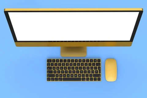 Realistic gold computer screen display with keyboard and mouse isolated on bl イラスト素材