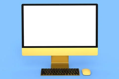 Realistic gold computer screen display with keyboard and mouse isolated on bl Stock Illustration