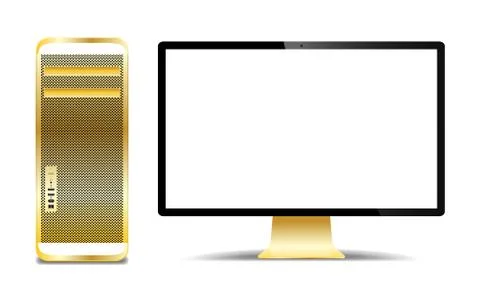 Realistic Gold Computer Tower And Screen Illustrazione stock