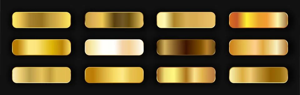 Realistic gold gradient texture pack 12 in 1. Fill and stroke effects. Shiny Stock Illustration